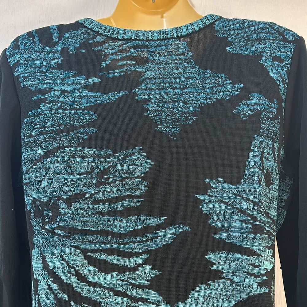 MING WANG OPEN CARDIGAN SWEATER WOMEN Sz SMALL BLACK AQUA FLORAL LONG SLEEVES - Picture 3 of 11